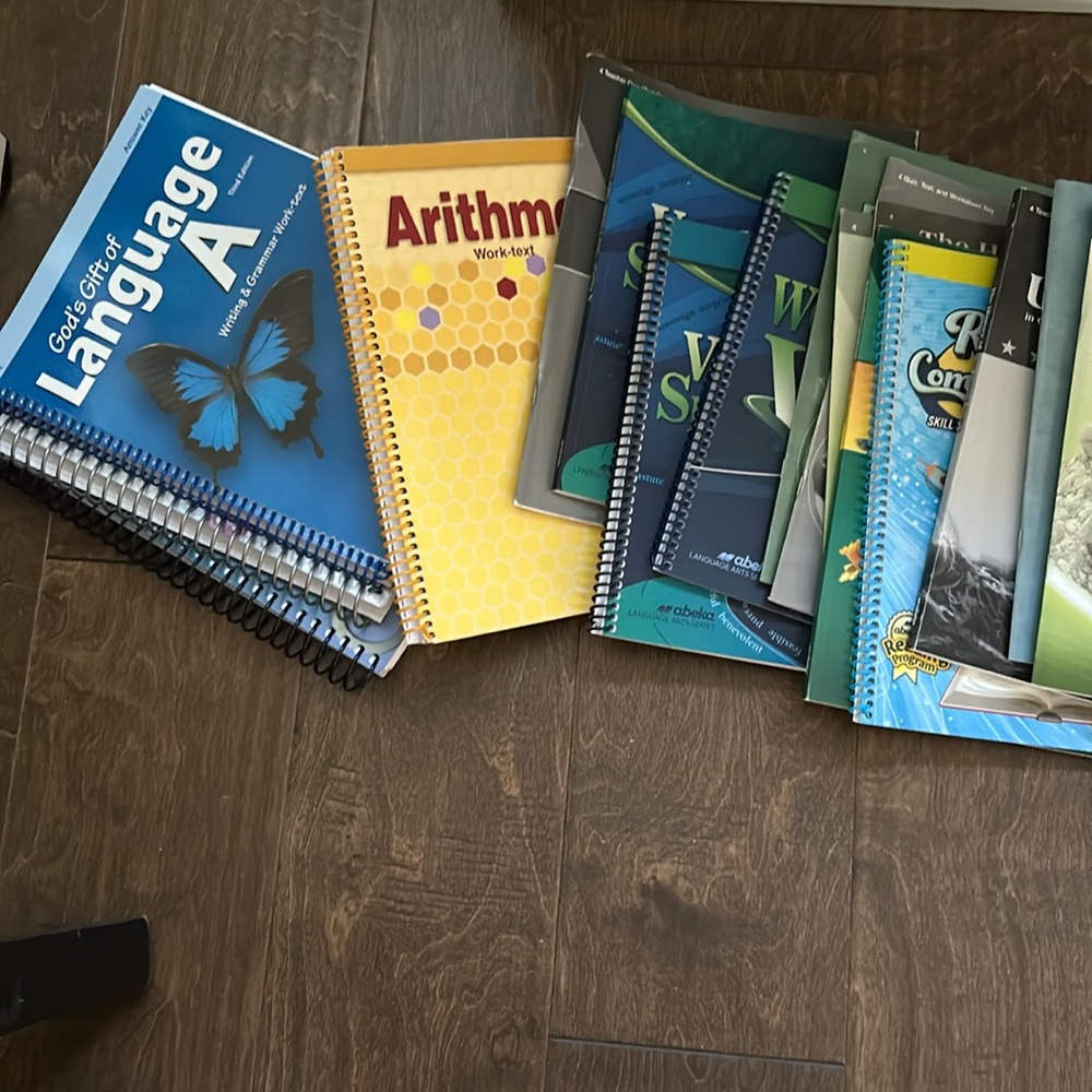 Abeka homeschooling books. I have books from k4, k5, 1st, 4th, 5th, 11th grade.